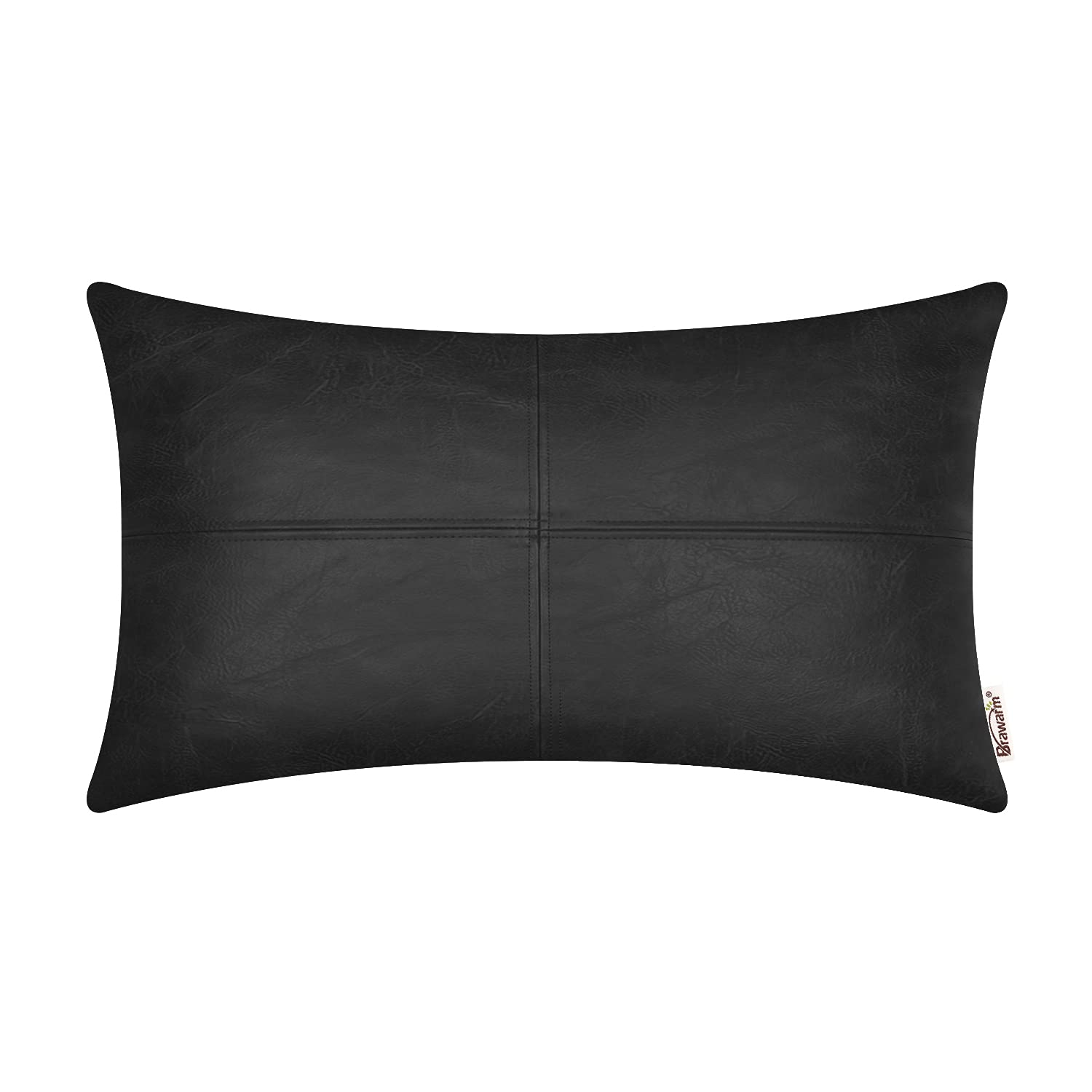 Brawarm Faux Leather Throw Pillow Covers 12 X 20 Inches, Black Leather Pillow Cover, Hand Stitched Leather Decorative Lumbar Pil